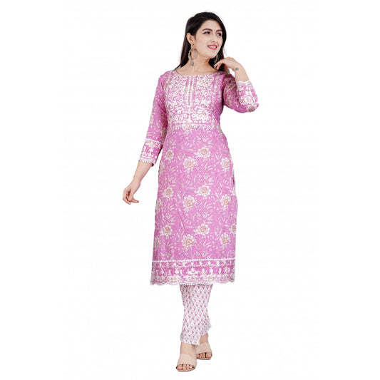 Casual 3/4 Sleeve Embroidered Rayon Kurti With Pant And Dupatta Set (Purple)