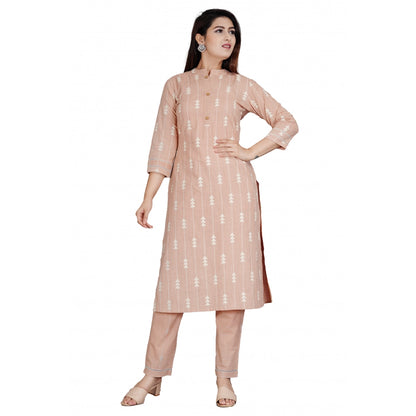 Casual 3/4 Sleeve Printed Rayon Kurti With Pant Set (Beige)