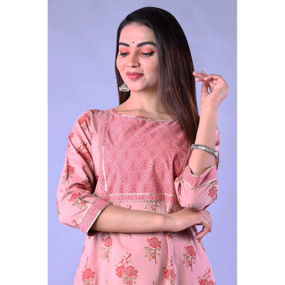 Casual 3/4 Sleeve Printed Rayon Kurti With Pant Set (Pink)