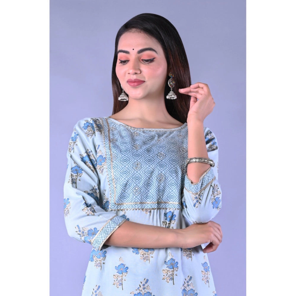 Casual 3/4 Sleeve Printed Rayon Kurti With Pant Set (Blue)