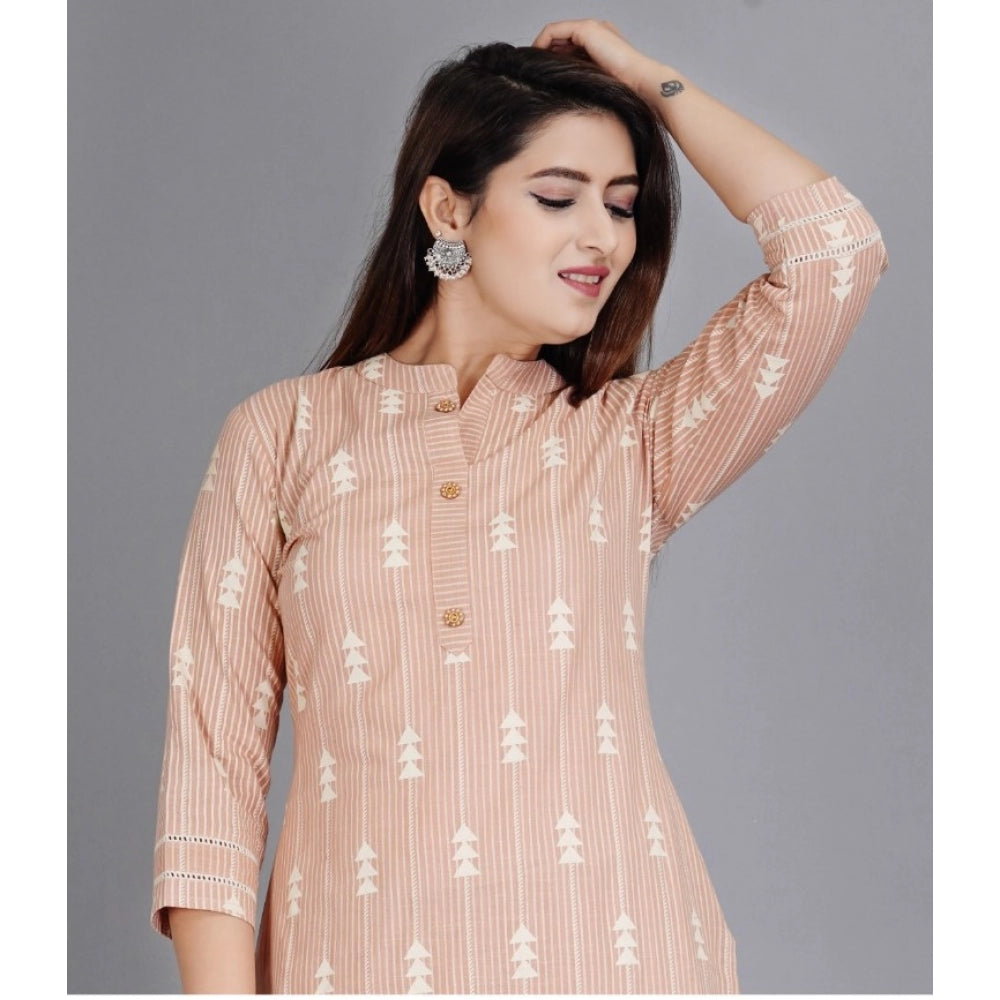 Casual 3/4 Sleeve Printed Rayon Kurti With Pant Set (Beige)