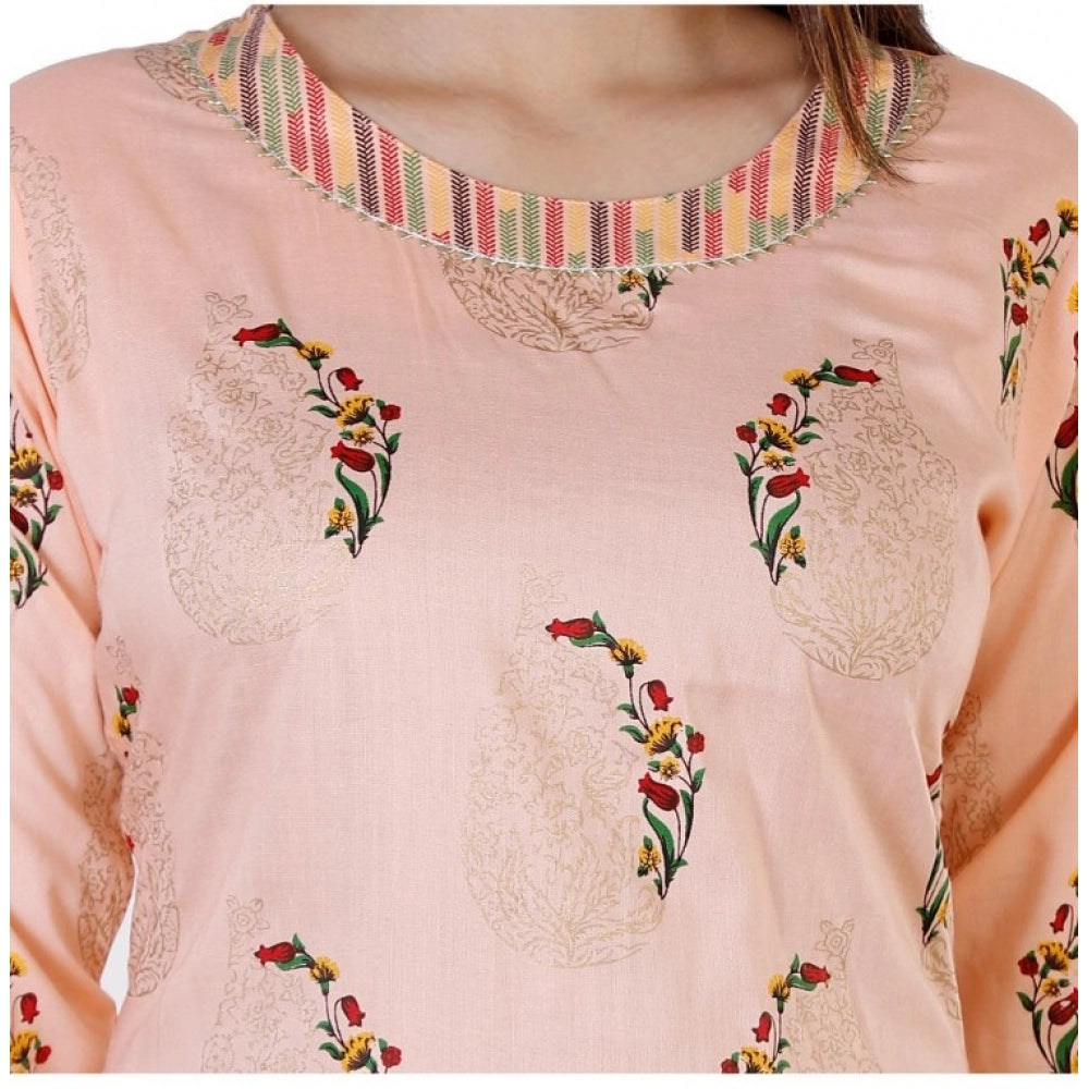 Casual 3/4 Sleeve Printed Rayon Kurti With Palazzo Set (Peach)