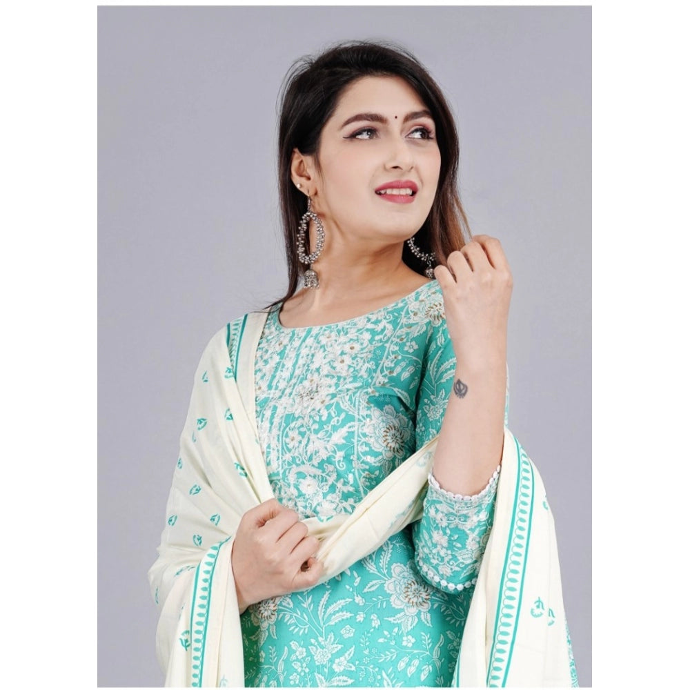 Casual 3/4 Sleeve Embroidered Rayon Kurti With Pant And Dupatta Set (Sea Green)