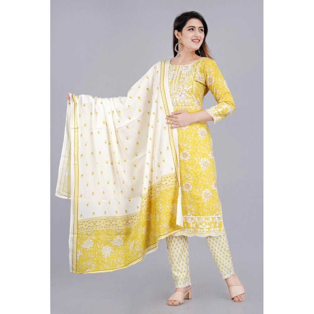 Casual 3/4 Sleeve Embroidered Rayon Kurti With Pant And Dupatta Set (Yellow)