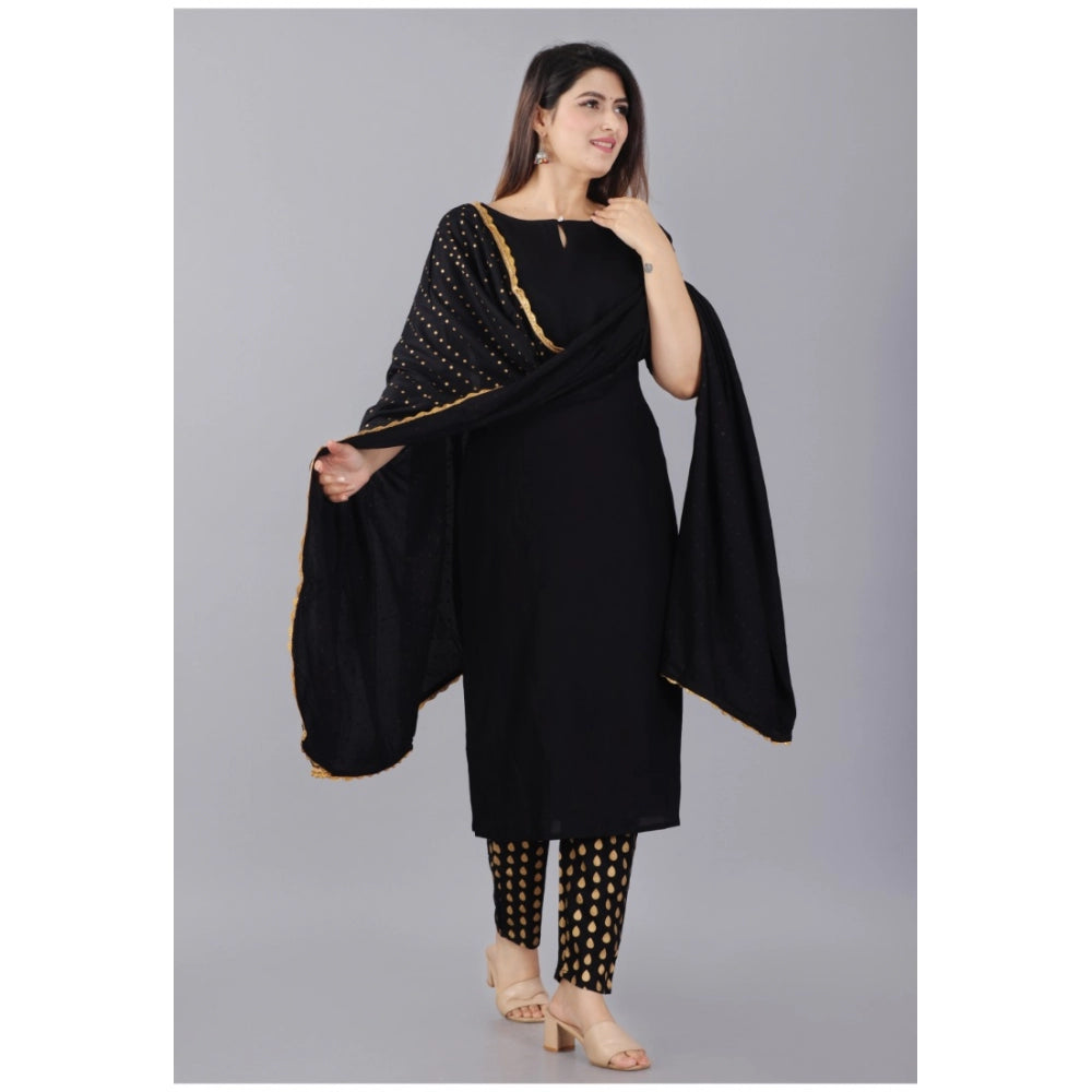 Casual Half Sleeve Solid Rayon Kurti With Pant And Dupatta Set (Black)