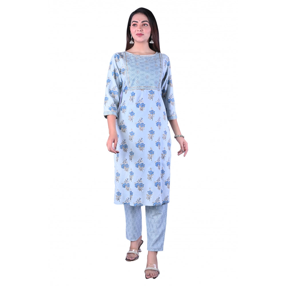 Casual 3/4 Sleeve Printed Rayon Kurti With Pant Set (Blue)