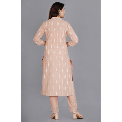 Casual 3/4 Sleeve Printed Rayon Kurti With Pant Set (Beige)