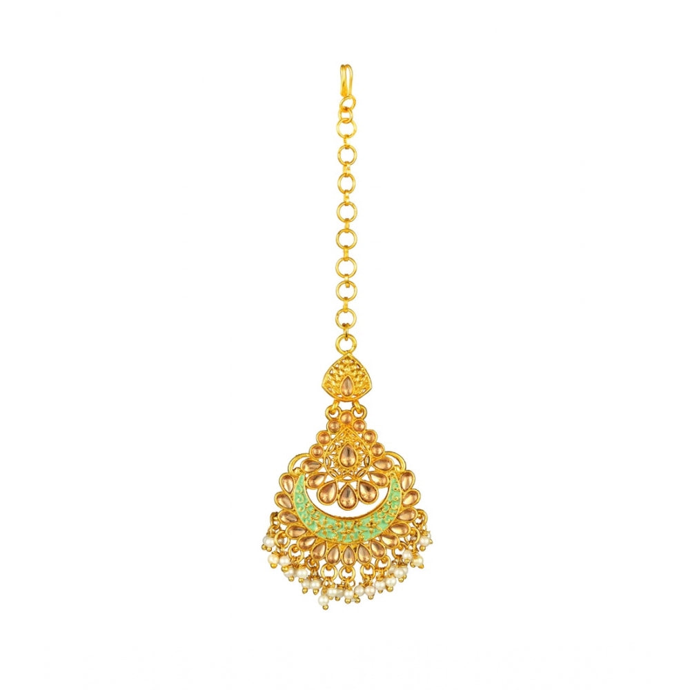 Rose Gold Plated Alloy Kundan Earrings &amp; Mangtikka (Green)