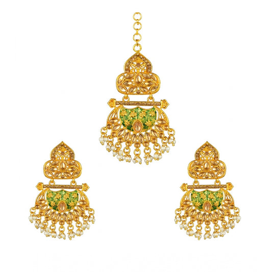 Rose Gold Plated Alloy Kundan Earrings &amp; Mangtikka (Green)