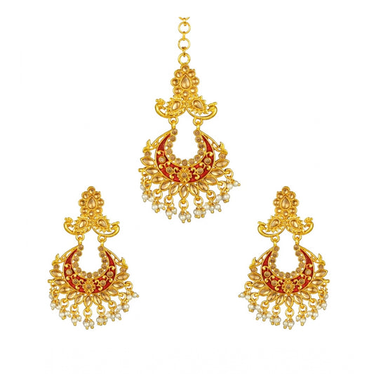 Rose Gold Plated Alloy Kundan Earrings &amp; Mangtikka (Maroon)