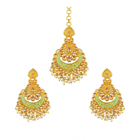 Rose Gold Plated Alloy Kundan Earrings &amp; Mangtikka (Green)