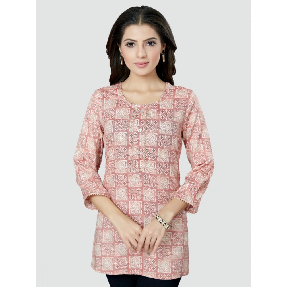 Casual 3/4 Sleeves Printed Rayon Short Top (Pink)