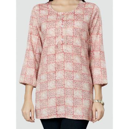 Casual 3/4 Sleeves Printed Rayon Short Top (Pink)