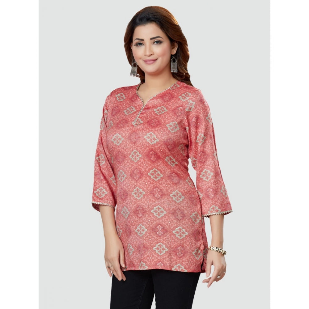 Casual 3/4 Sleeves Printed Rayon Short Top (Pink)