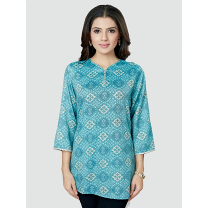 Casual 3/4 Sleeves Printed Rayon Short Top (Blue)