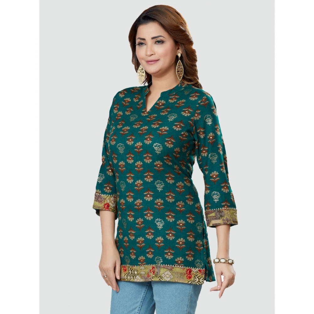 Casual 3/4 Sleeves Printed Rayon Short Top (Green)