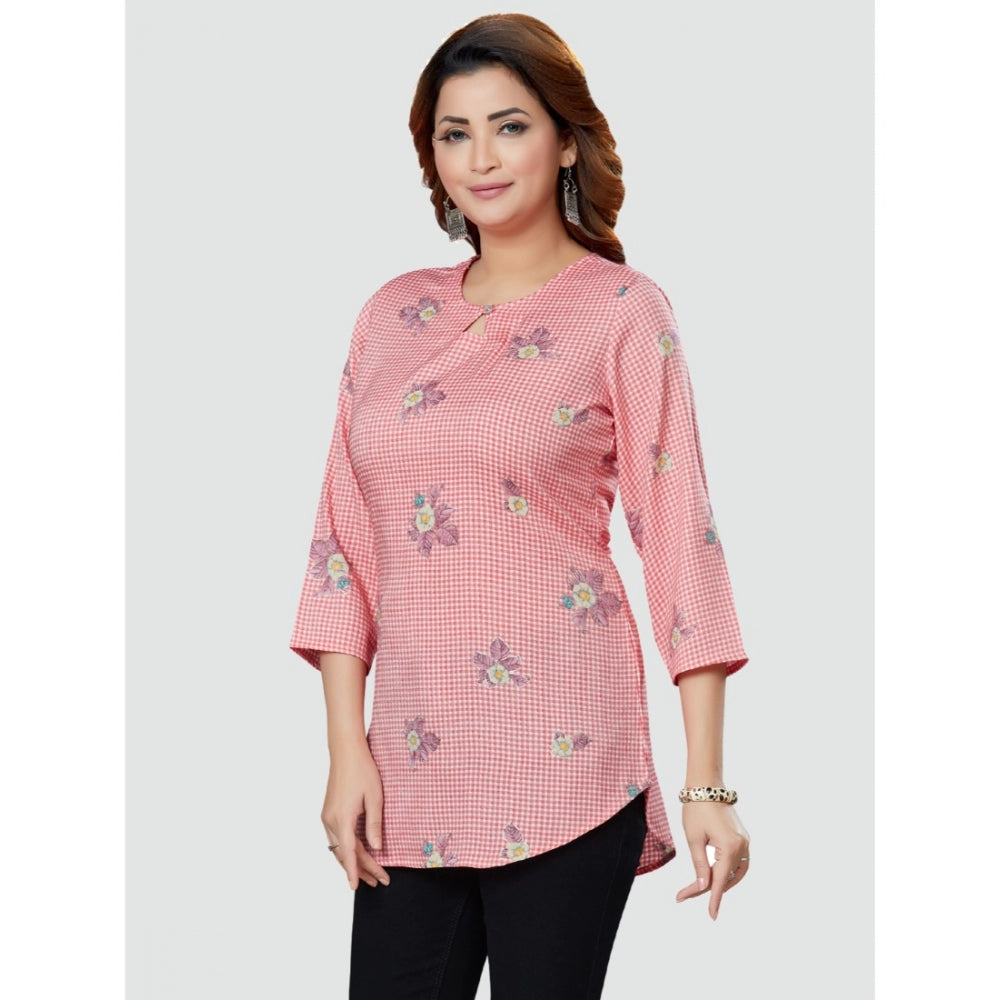 Casual 3/4 Sleeves Printed Rayon Short Top (Pink)