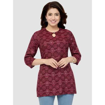 Casual 3/4 Sleeves Printed Rayon Short Top (Maroon)