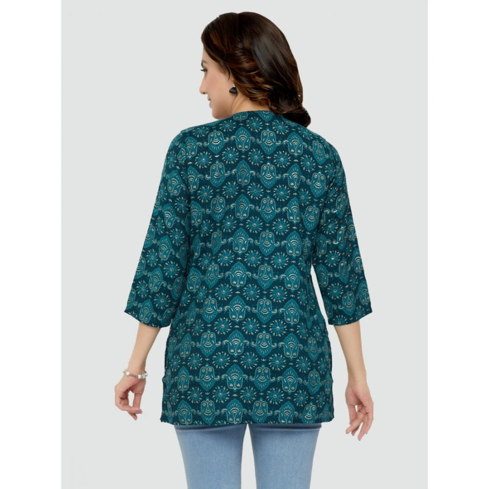 Casual 3/4 Sleeves Printed Rayon Short Top (Green)