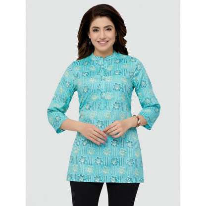 Casual 3/4 Sleeves Printed Rayon Short Top (Sky Blue)