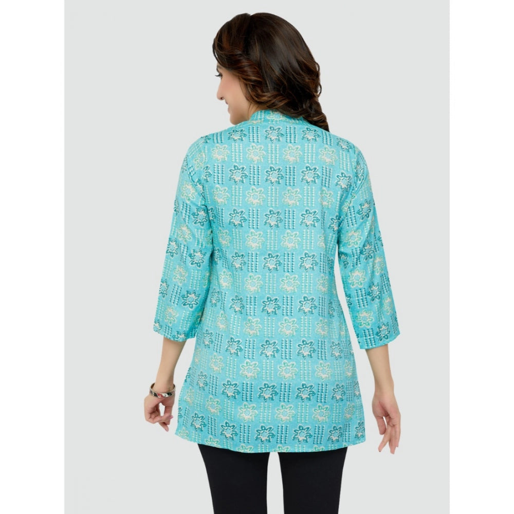 Casual 3/4 Sleeves Printed Rayon Short Top (Sky Blue)