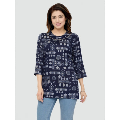 Casual 3/4 Sleeves Printed Rayon Short Top (Blue)