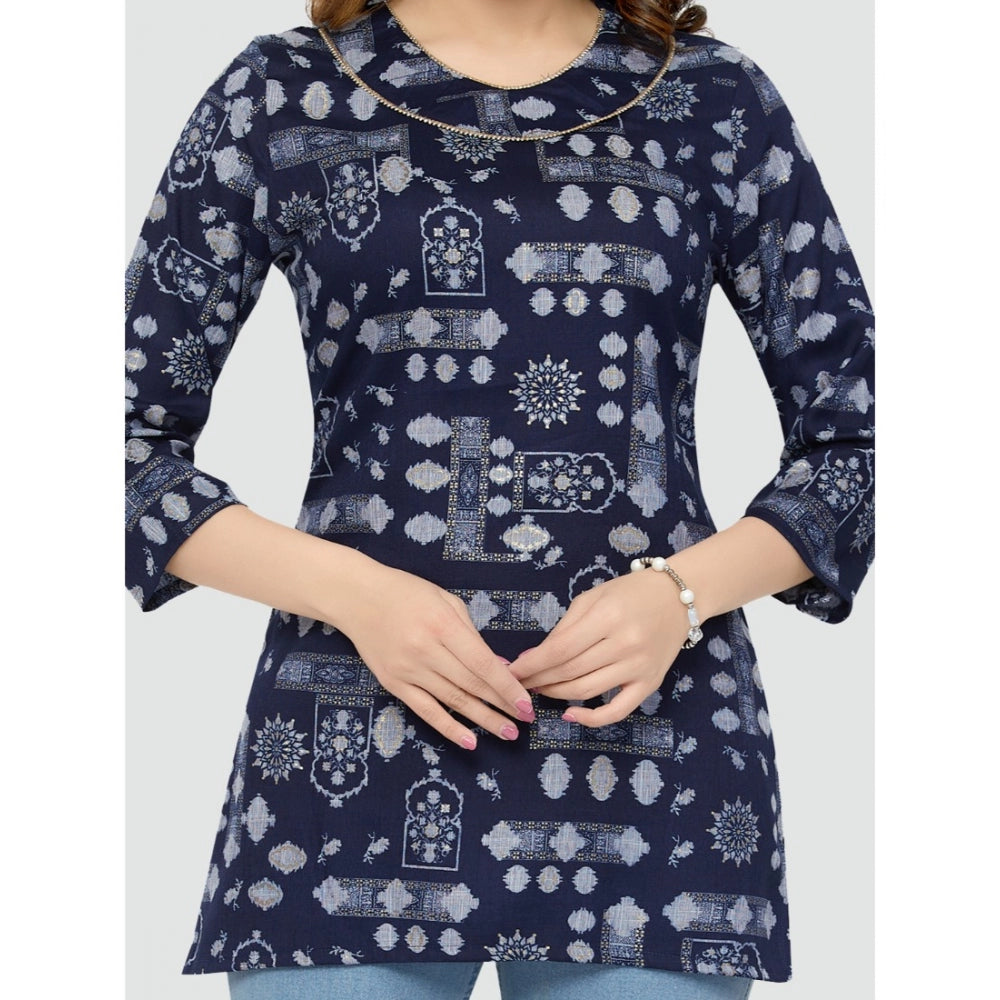 Casual 3/4 Sleeves Printed Rayon Short Top (Blue)