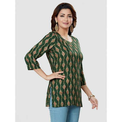 Casual 3/4 Sleeves Printed Rayon Short Top (Green)