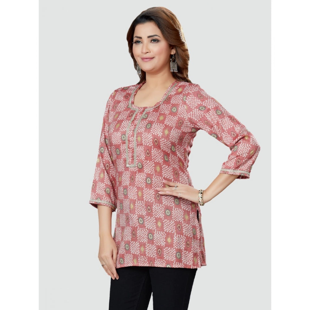 Casual 3/4 Sleeves Printed Rayon Short Top (Pink)