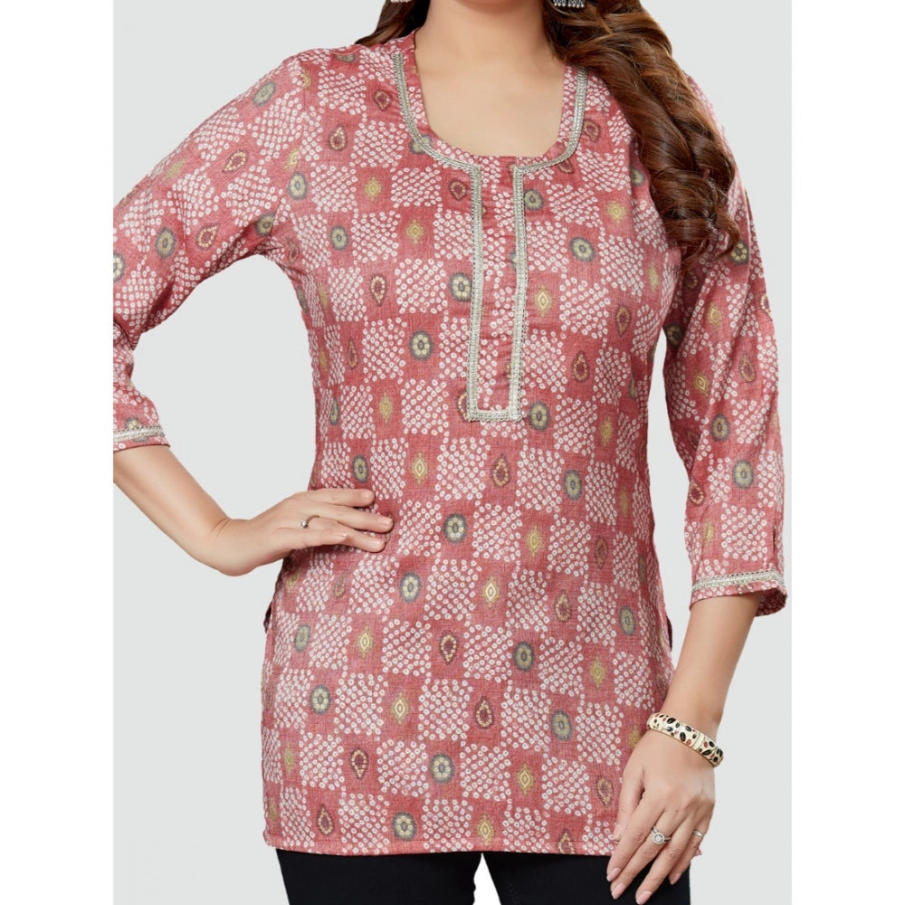 Casual 3/4 Sleeves Printed Rayon Short Top (Pink)