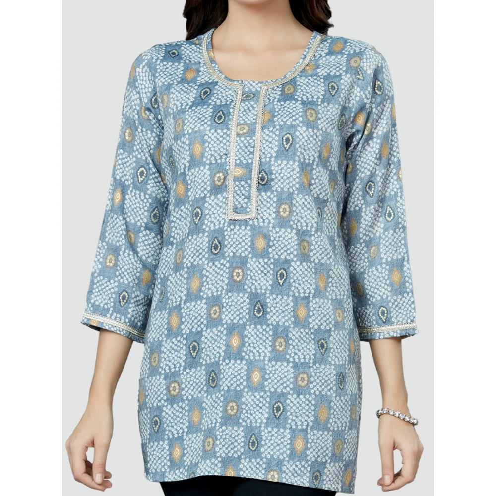 Casual 3/4 Sleeves Printed Rayon Short Top (Blue)