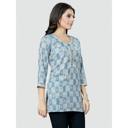 Casual 3/4 Sleeves Printed Rayon Short Top (Blue)