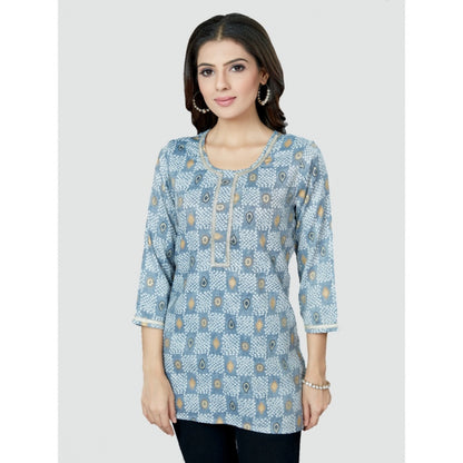 Casual 3/4 Sleeves Printed Rayon Short Top (Blue)