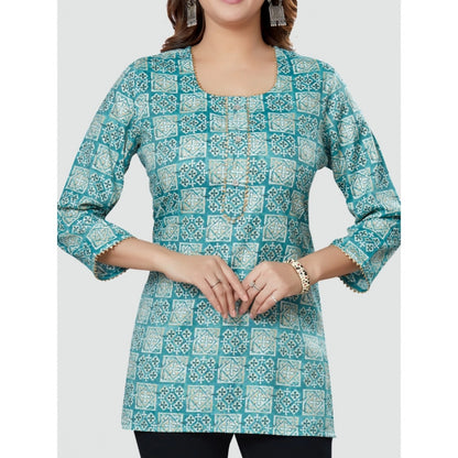 Casual 3/4 Sleeves Printed Rayon Short Top (Blue)