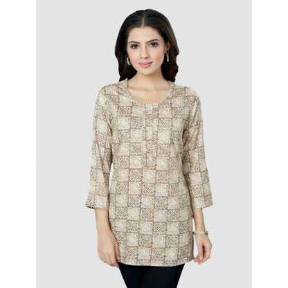 Casual 3/4 Sleeves Printed Rayon Short Top (Beige)