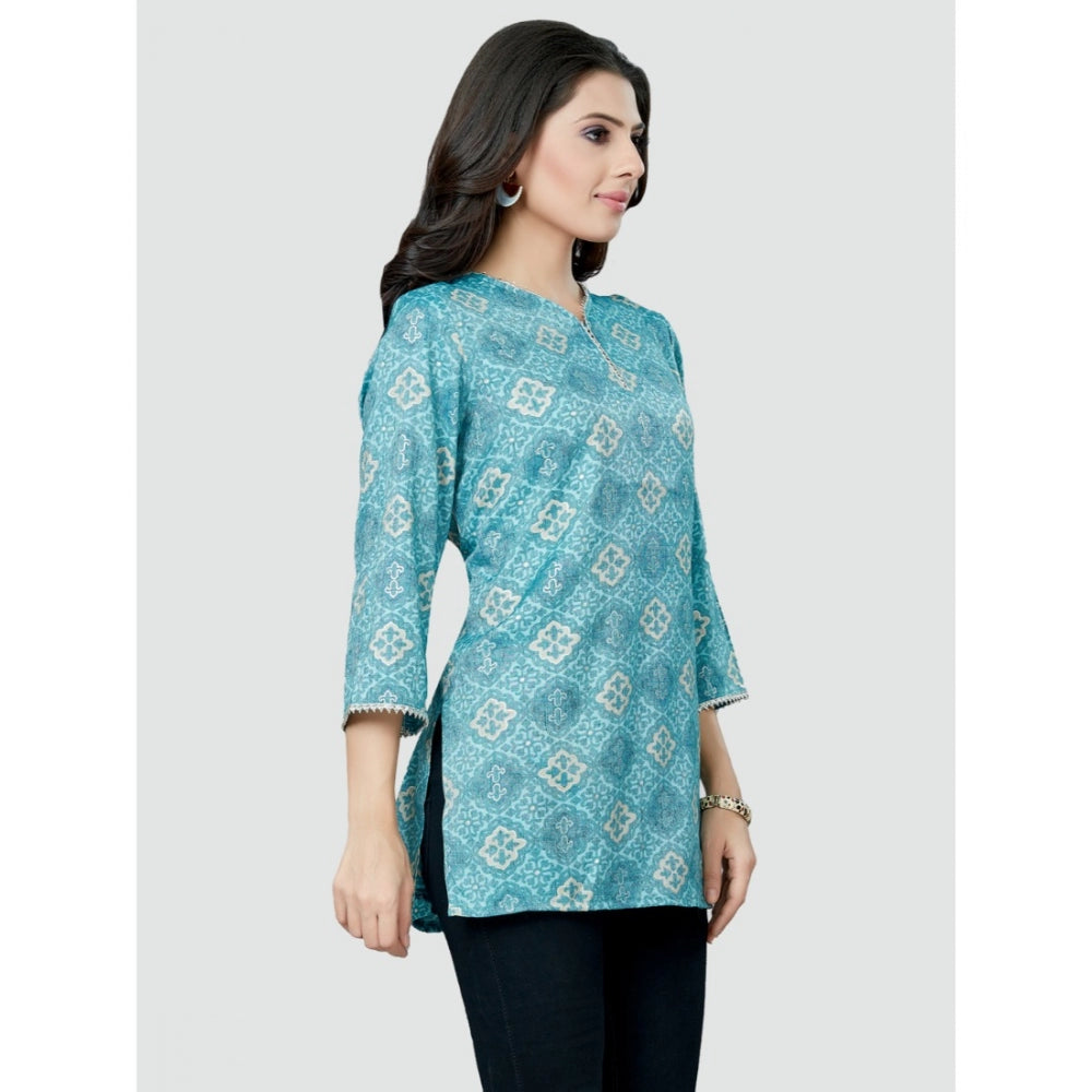 Casual 3/4 Sleeves Printed Rayon Short Top (Blue)