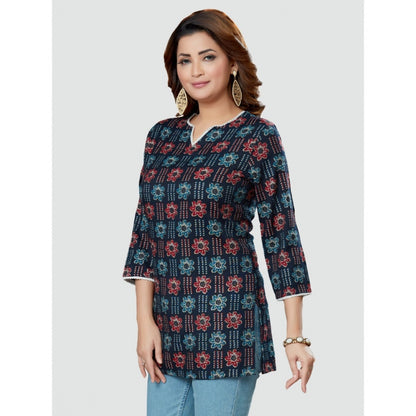 Casual 3/4 Sleeves Printed Rayon Short Top (Navy Blue)