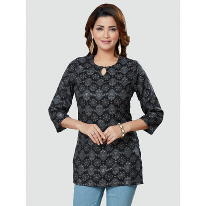 Casual 3/4 Sleeves Printed Rayon Short Top (Black)