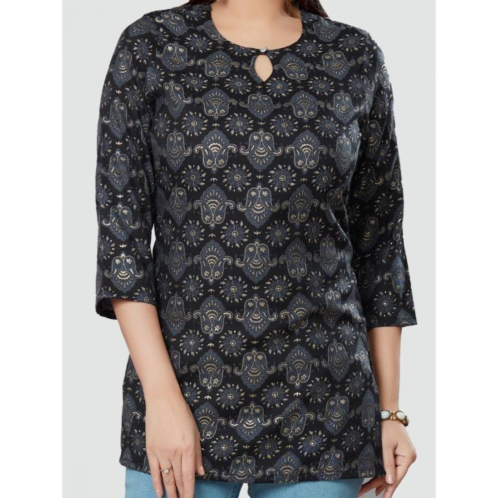 Casual 3/4 Sleeves Printed Rayon Short Top (Black)