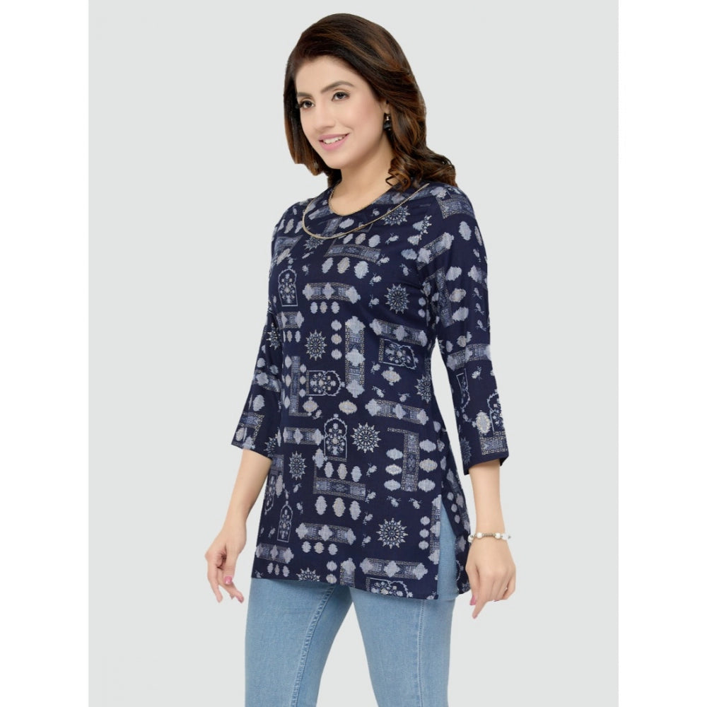 Casual 3/4 Sleeves Printed Rayon Short Top (Blue)