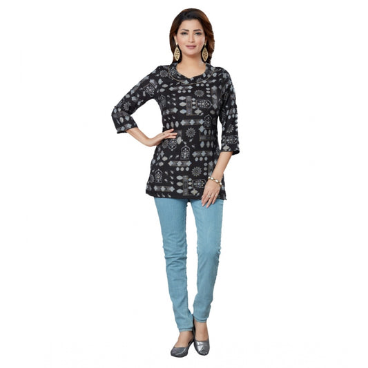 Casual 3/4 Sleeves Printed Rayon Short Top (Black)