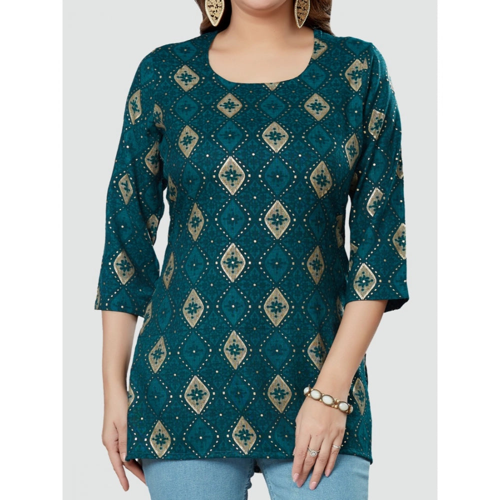 Casual 3/4 Sleeves Printed Rayon Short Top (Green)