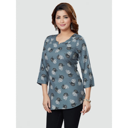 Casual 3/4 Sleeves Printed Rayon Short Top (Grey)