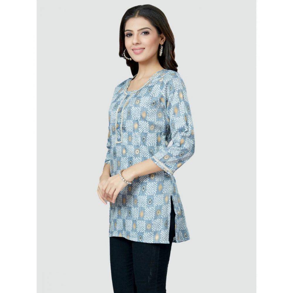 Casual 3/4 Sleeves Printed Rayon Short Top (Blue)