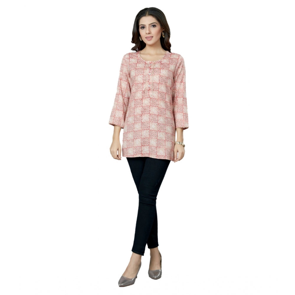 Casual 3/4 Sleeves Printed Rayon Short Top (Pink)