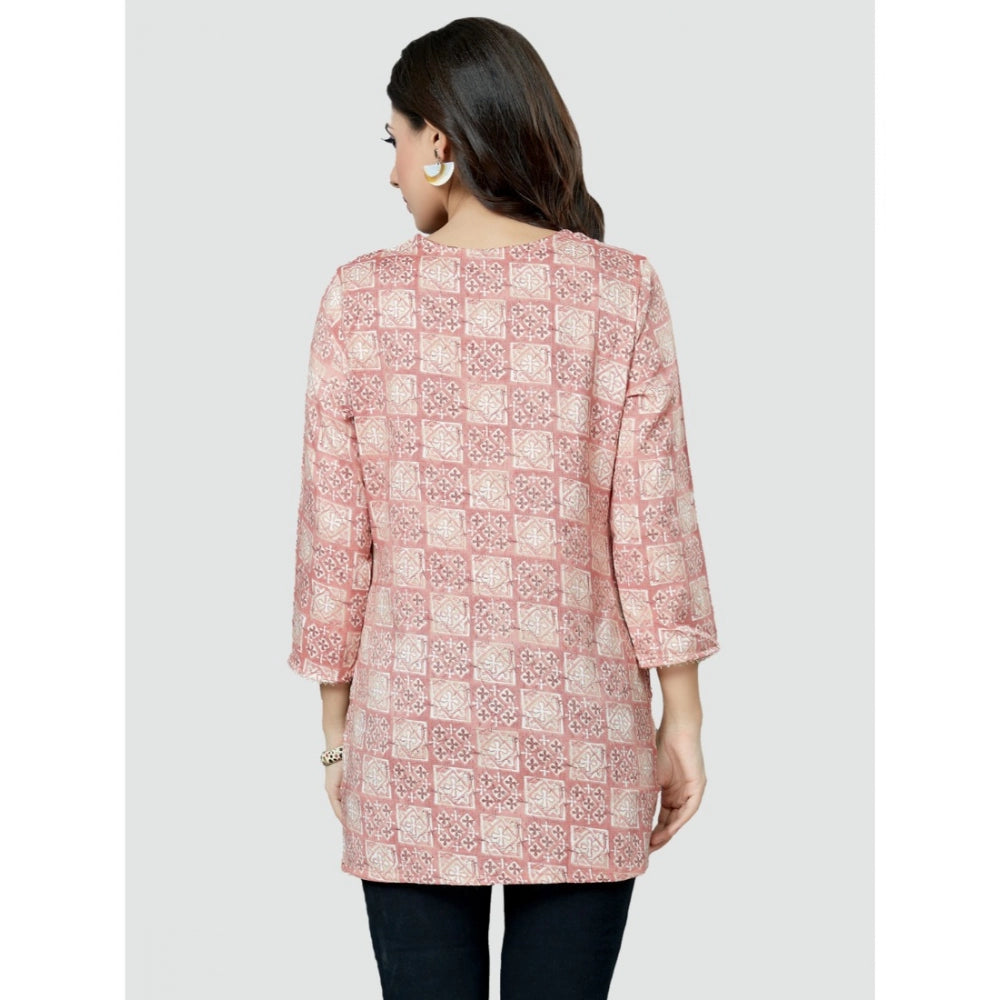 Casual 3/4 Sleeves Printed Rayon Short Top (Pink)