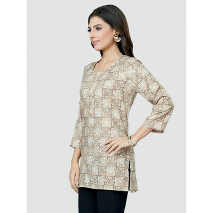 Casual 3/4 Sleeves Printed Rayon Short Top (Beige)