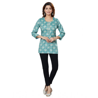 Casual 3/4 Sleeves Printed Rayon Short Top (Blue)