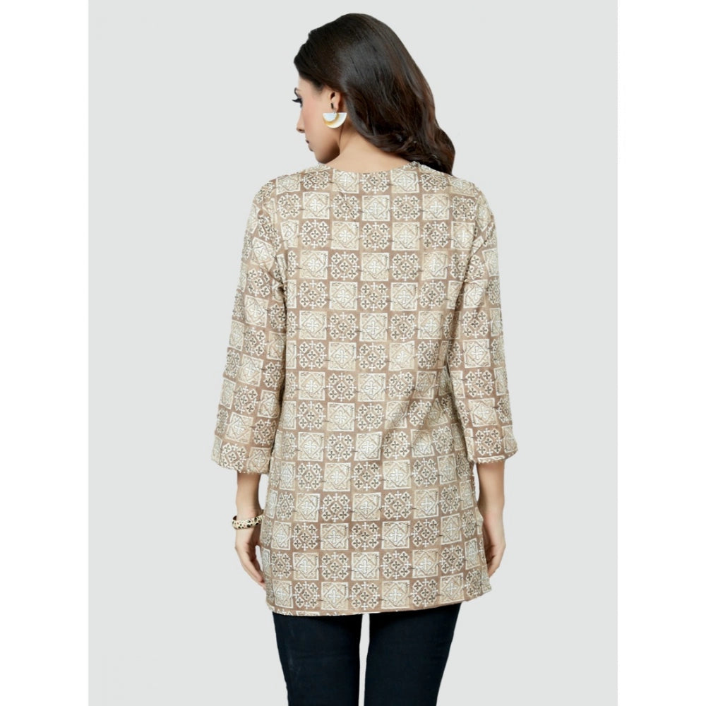 Casual 3/4 Sleeves Printed Rayon Short Top (Beige)