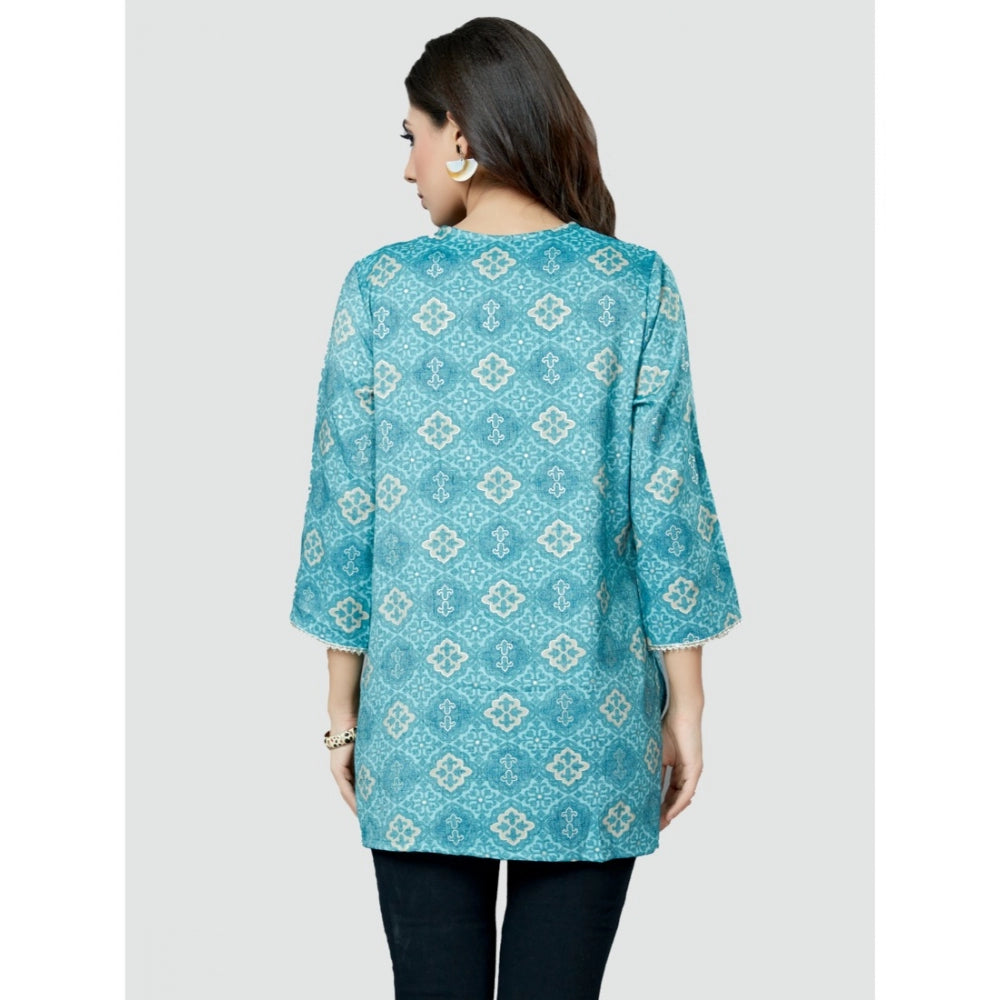 Casual 3/4 Sleeves Printed Rayon Short Top (Blue)